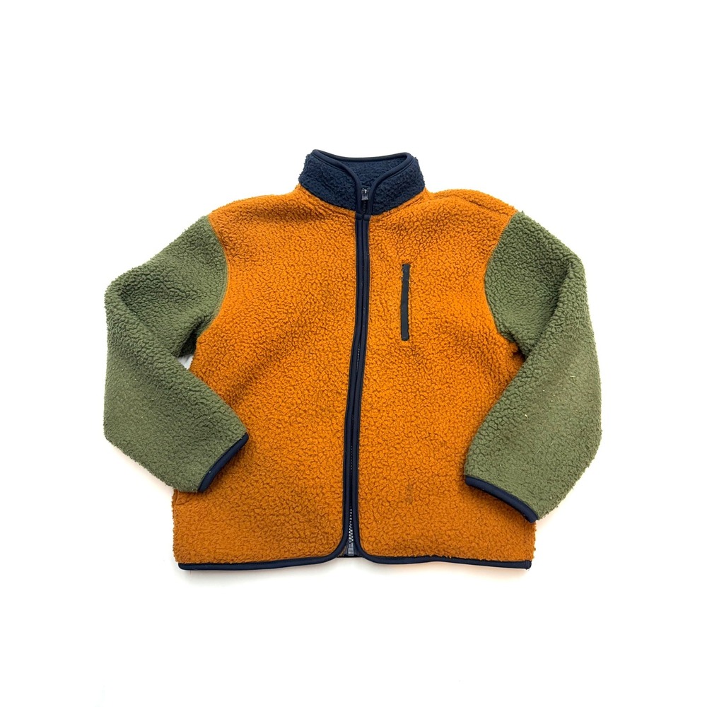 OLD NAVY Boys 8 Colorblock Tan Green Sherpa Long Sleeve Full Zip Fluffy Jacket